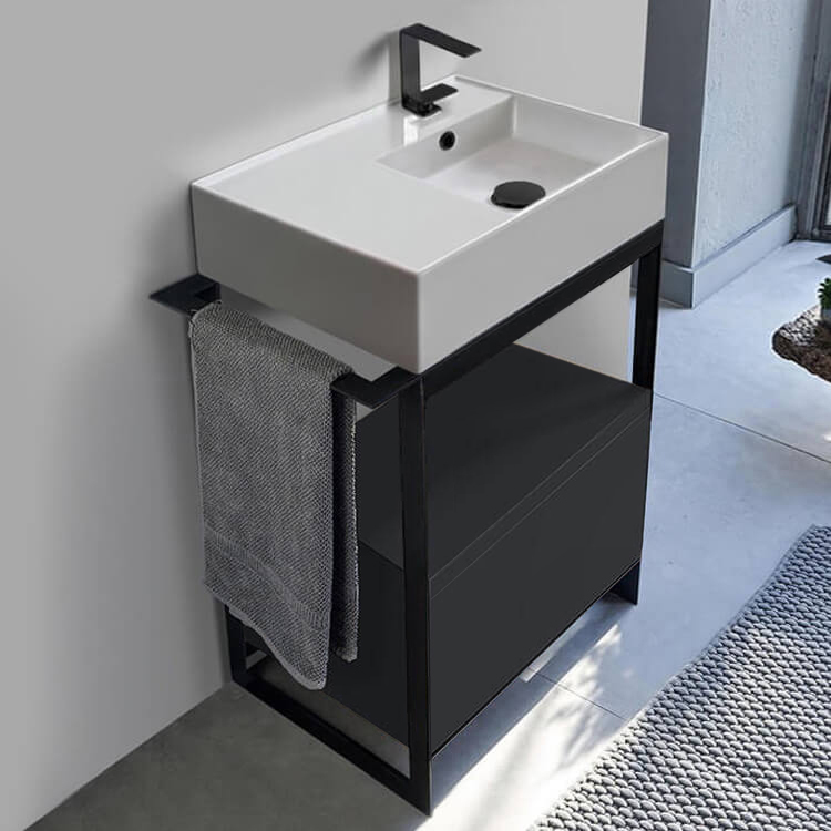 Console Bathroom Vanity, Scarabeo 5117-SOL1-49, Console Sink Vanity With Ceramic Sink and Matte Black Drawer